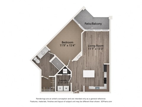 Floor plan for 1 bed, 1 bath, 744 sqft